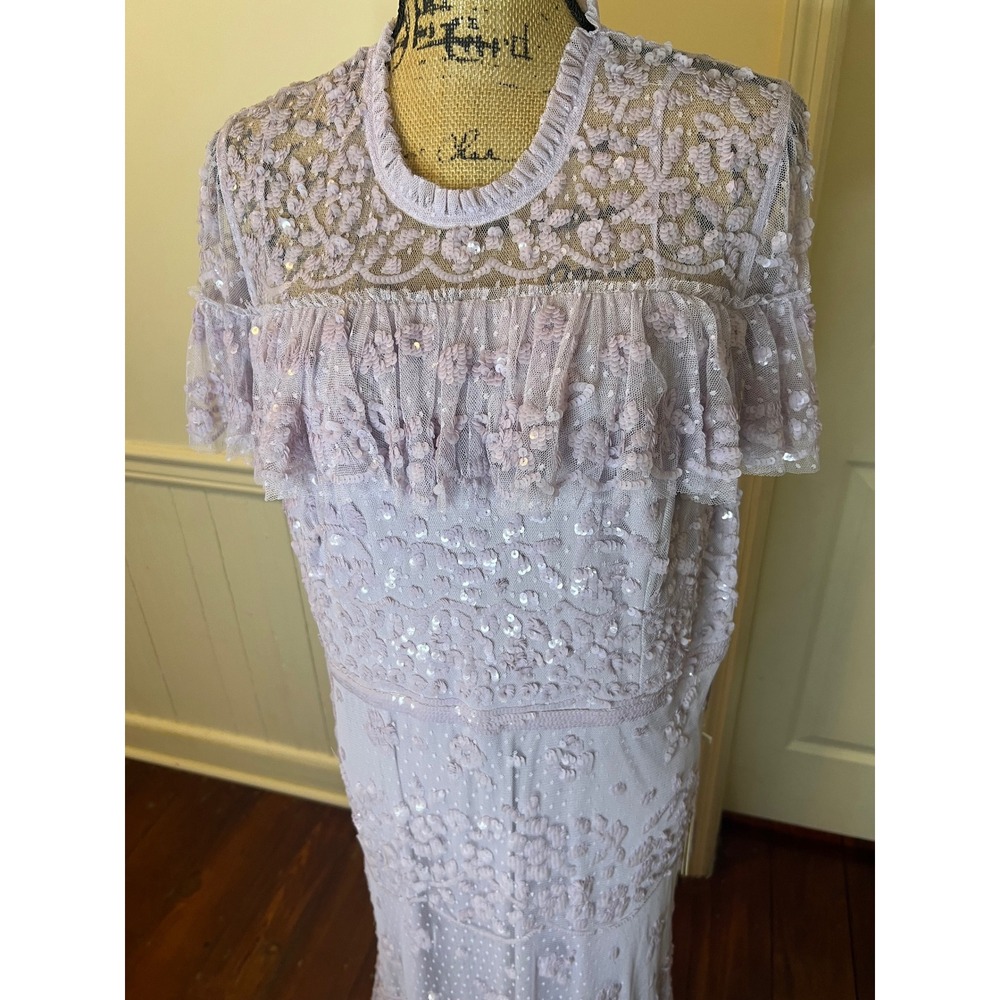 Mac Duggal 9195 Lavender Sequin Floral Lace Tiered Gown Ruffle Capelet Maxi - Picture 6 of 16